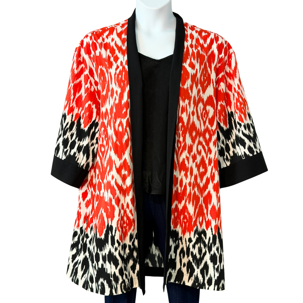Chico’s Travelers L/XL Open Kimono Topper 3/4 Sleeve Red Black Ikat Lightweight